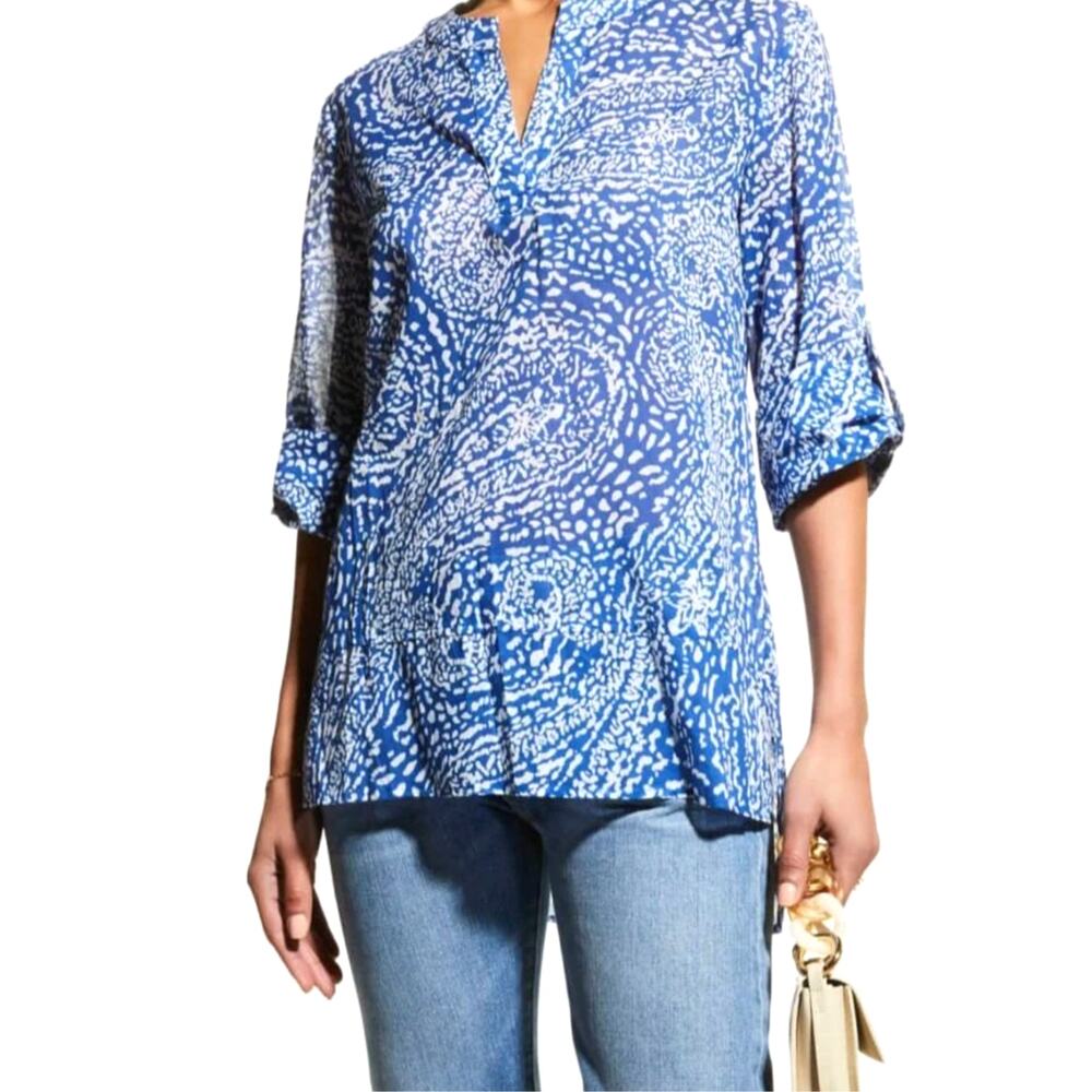 Finley Carley Paisley Print Tunic Blouse Womens L Blue Cotton NEW